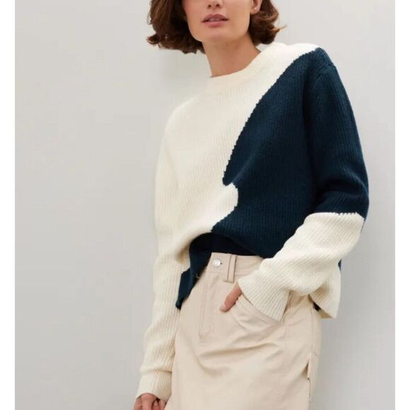 DEREK LAM Two Tone Sweater Women Medium Cream Black Cashmere Blend Pullover - Picture 1 of 10